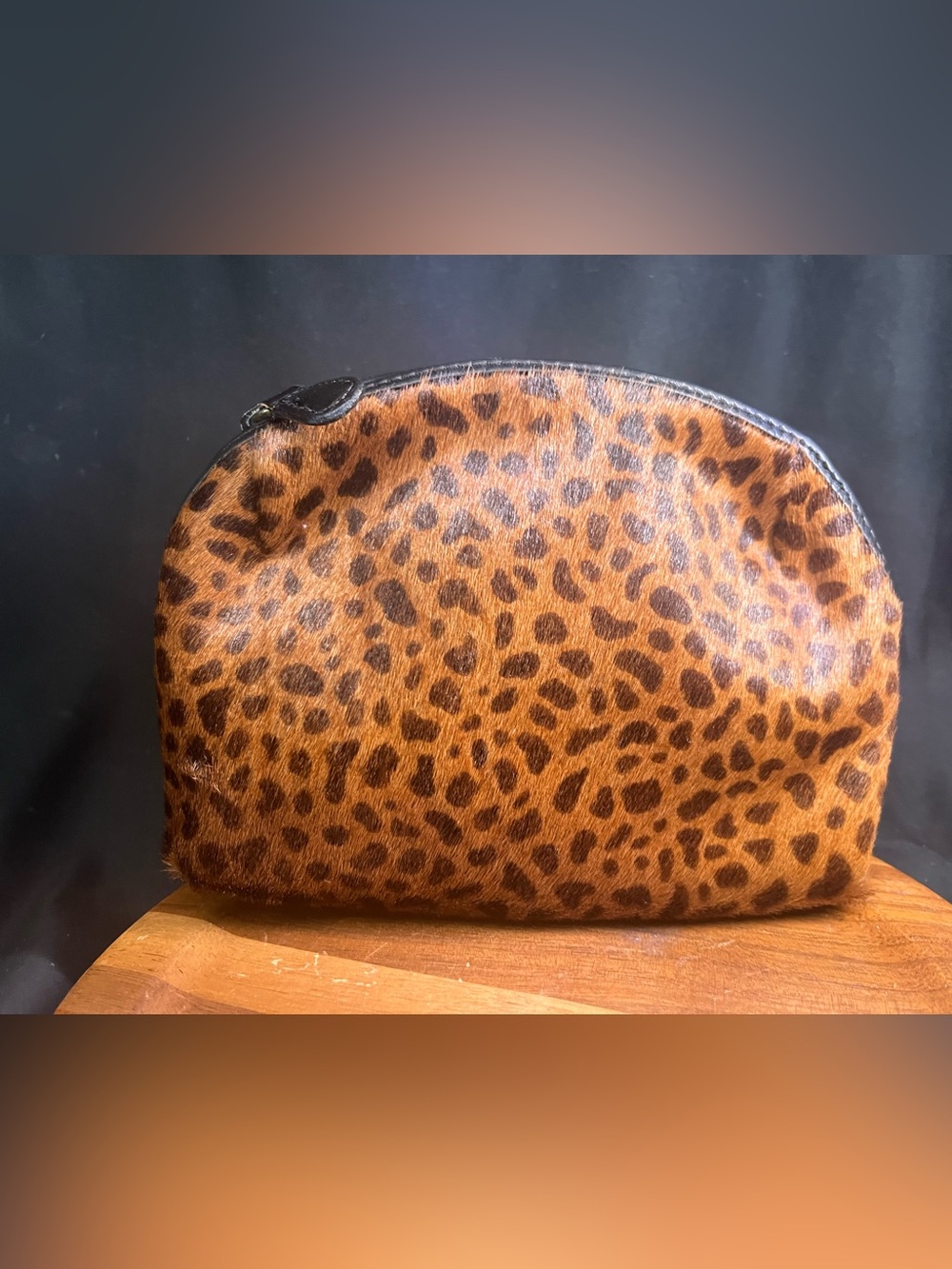 Vintage 70s Neiman Marcus Leopard Hair on Hide Cosmetic Makeup Bag Pouch - Brown